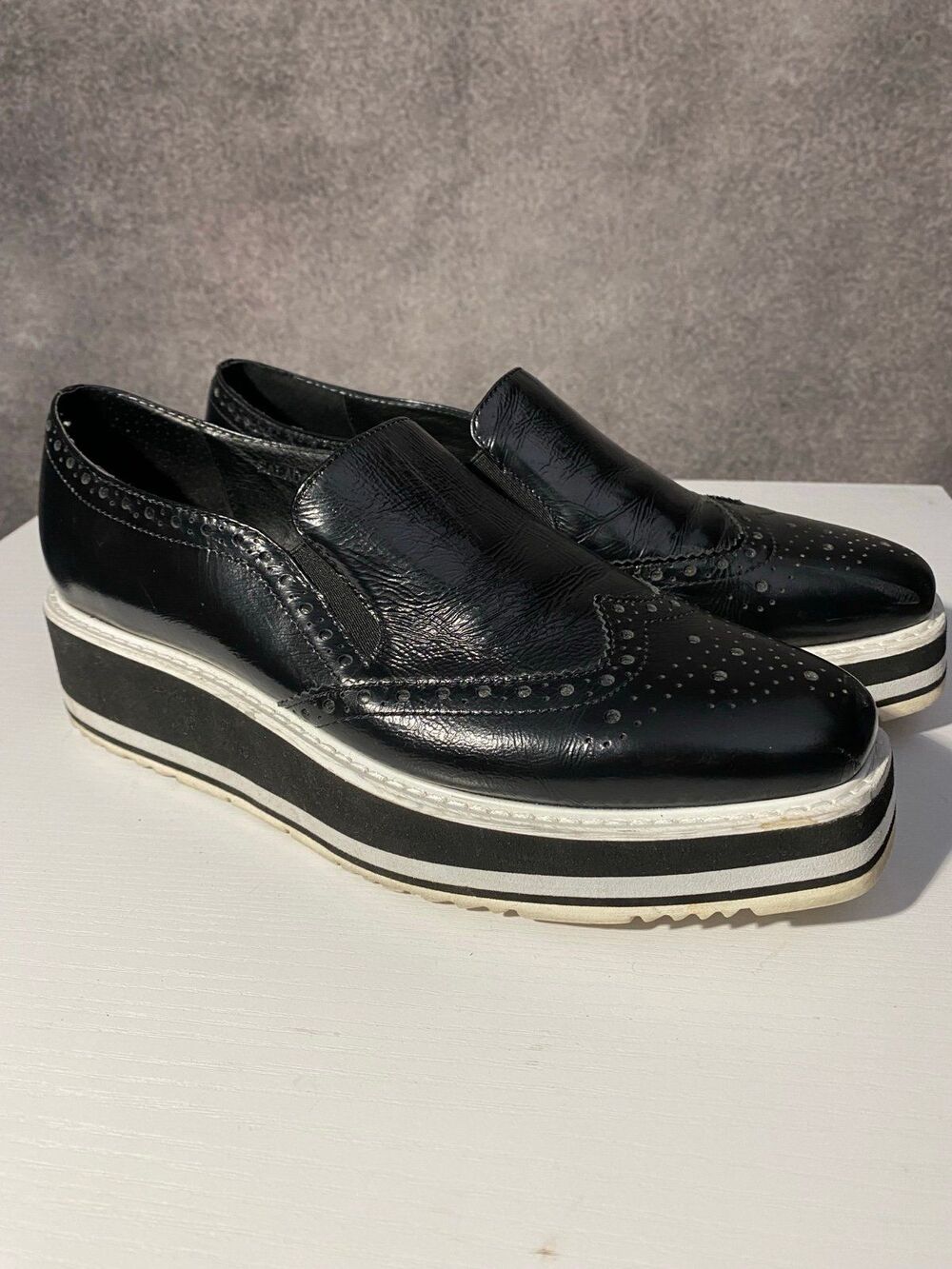 Silent D Salada Black Leather Platform Brogue Loafers Slip On Womens 37 US 6.5